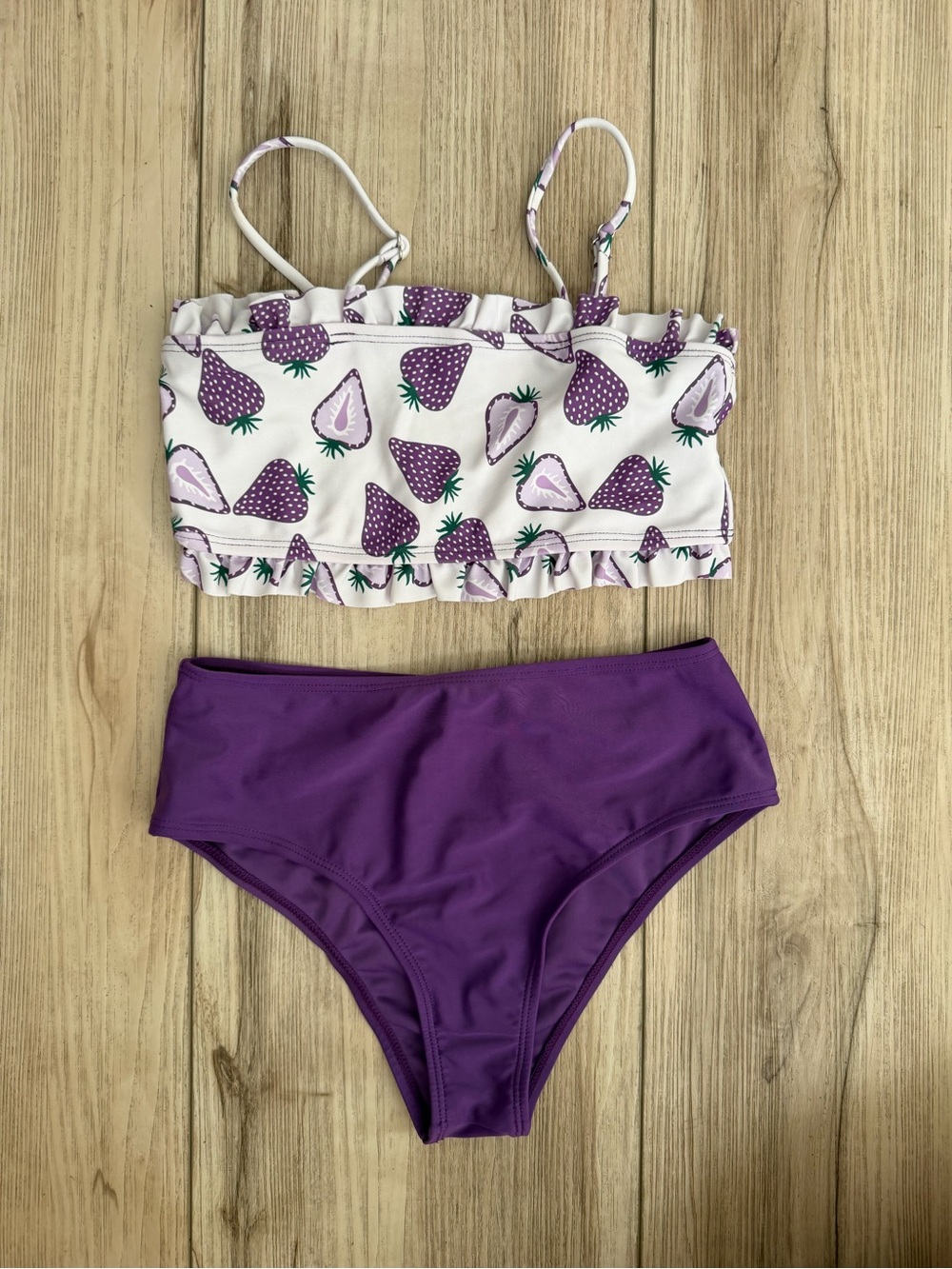 Kids Purple Strawberry Print Two-Piece Swimsuit